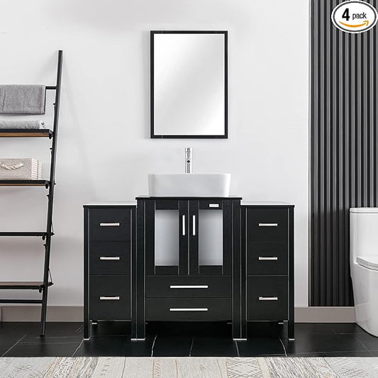 eclife 48" Modern Bathroom Vanity Sink Combo Freestanding Cabinet with Small Side Cabinet, White Rectangle Ceramic Vessel Sink, Water Save Faucet, Drain (Black+T03)