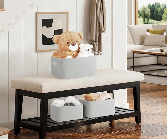 HofferRuffer Faux Leather Storage Baskets Bins with Velvet Lining for Organizing, Storage, Gifts, Set of 3 Nesting Shelf Baskets Decorative Storage Boxes for Home Organization (Grey)