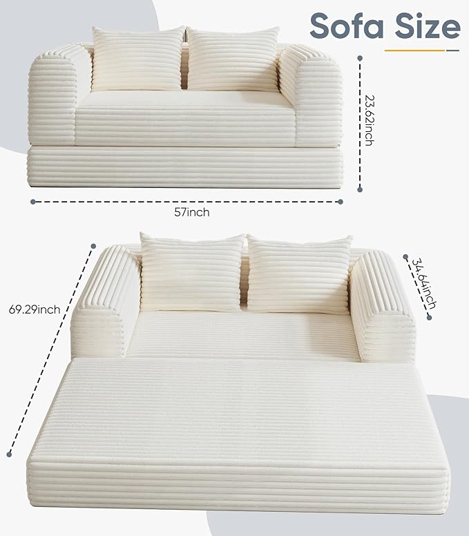57“ Loveseat Folding Sofa Small Couches Armchair Convertible Chaise Longue Versatile 2 in 1 for Small Spaces, Couch Mid Century Love Seat Couches for Bedroom, Apartment, 2-Seater, Beige