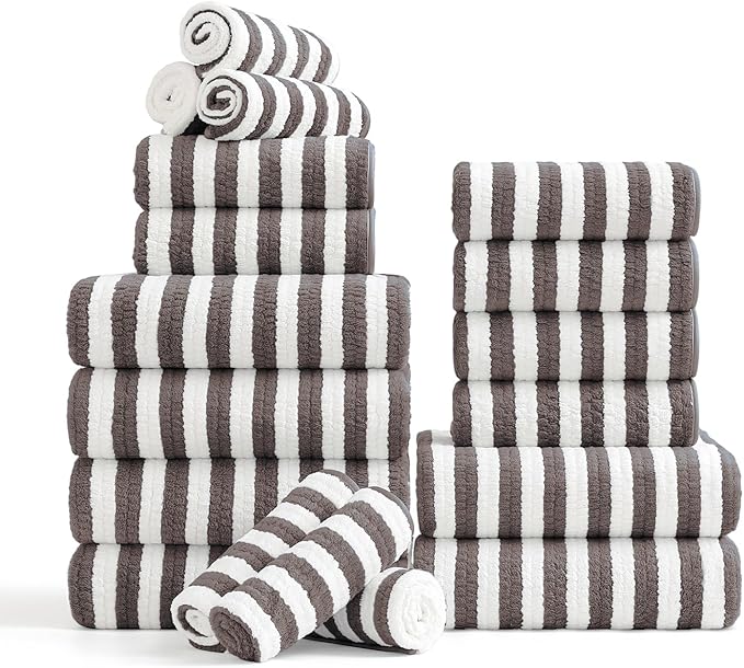 18-Piece Microfiber Bath Towels Set - 6 Bath Sheet, 6 Hand Towels, 6 Washcloths, Soft, Highly Absorbent Bathroom Towel, Quick Dry & Less Lint Shower towel for Bathroom, Hotel, Spa, Dorm-Dark Coffee