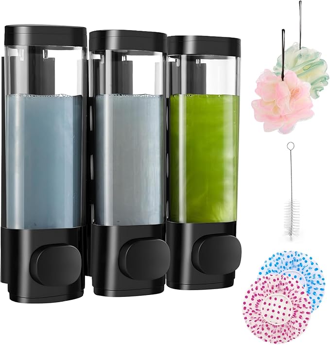 6pcs Shampoo and Conditioner Dispenser No Drill Shower soap Dispenser Wall Mounted 3 Chamber for Bathroom, Kitchen,Hotel Pumps are Easy to use No leaks (Black)