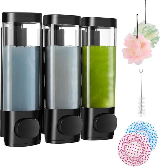 6pcs Shampoo and Conditioner Dispenser No Drill Shower soap Dispenser Wall Mounted 3 Chamber for Bathroom, Kitchen,Hotel Pumps are Easy to use No leaks (Black)