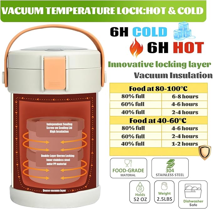 52 oz Hot Food Thermo, Insulated Food Container,7.8In 2 Layer Insulated Lunch Box Kit Stainless Steel Vacuum Soup Food Thermo Stackable Hot Food Jar Bento Box for Men, Women