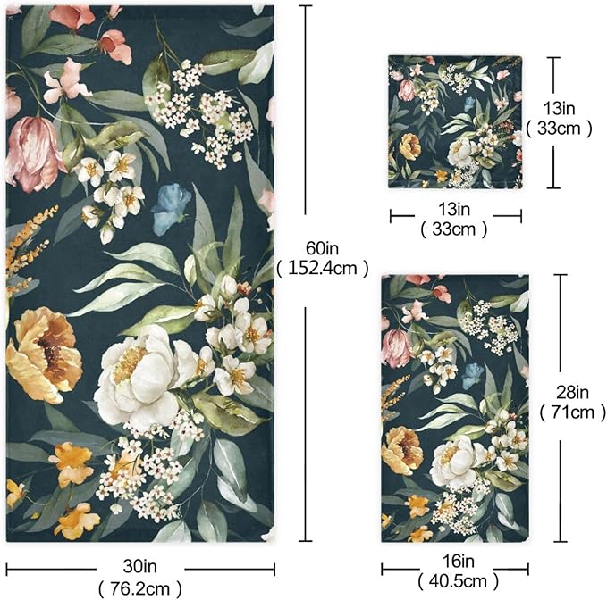 Orange White Floral Bath Towel Set - 3 Piece Vintage Green Leave Flower Set (1 Bath, 1 Hand, 1 Washcloth) - Absorbent Decorative Bathroom Towels for Fingertip, Hair, Face