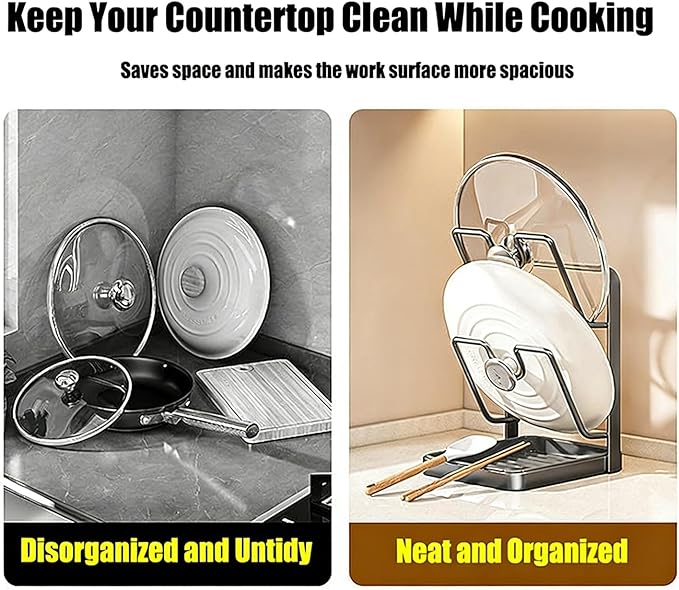 Kitchen Pot Lid Storage Rack, Stainless Steel Pot Lid Organizer & Holder, Lid and Spoon Rest with Drip Tray While Cooking, Space Saving for Countertop, RV, and Small Kitchens (Gray)