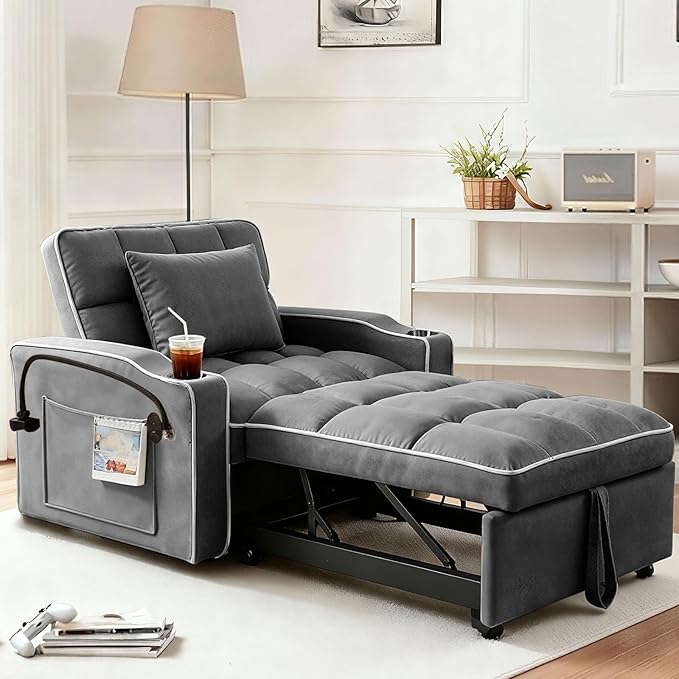 Convertible Sleeper Chair, Pull Out Chair Sleeper with Bracket and Cup Holder, Chairs Bed Sleepers for Adults, 3 in 1 Sofa Bed Chairs for Small Spaces, Living Room, Gray