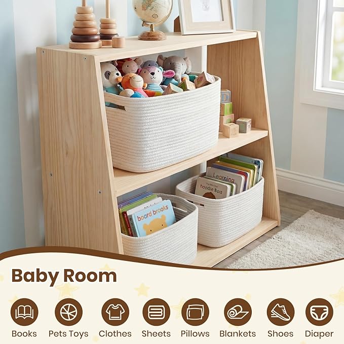 Storage Baskets for Organizing, 14 x 10 x 9” Closet Shelf Woven Baskets, Square Bins with Handles, Cotton Rope Basket for Toys, Clothes, Office, Room, White 1 Pack