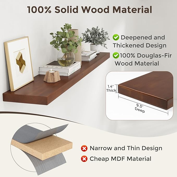 Floating Shelves for Wall, 55"Wx9.3"D USA-Sourced Douglas-Fir Solid Wood Rustic Wall Shelves with Heavy Duty Invisible Bracket, Nursery Book Storage Display Shelf for Bathroom, Set of 1, Walunt Finish
