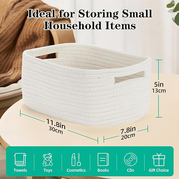 Bidtakay Small Cotton Rope Storage Baskets for Organizing 3 Pack Woven Baskets for Storage Closet Organizer Bins for Shleves 11.8×7.8×5 inch Cute Boho Decorative Basket with Handles - Off White