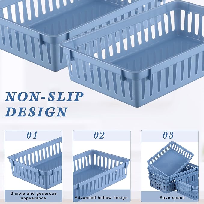Wenqik Set of 12 Small Plastic Baskets for Organizing 10.24 x 6.5 x 2.36 Inch Pharmacy Baskets Rectangular Trays Plastic Organizer for Office Pharmacy Dorm Kitchens, Closets Shelves(Haze Blue)