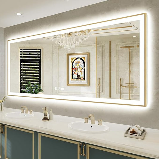 84x40 Inch LED Bathroom Mirror with Lights (Front Lit and Backlit) Gold Framed Lighted Vanity Mirror for Bathroom Wall Dimmable Anti-Fog Memory Tempered Glass Horizontal/Vertical