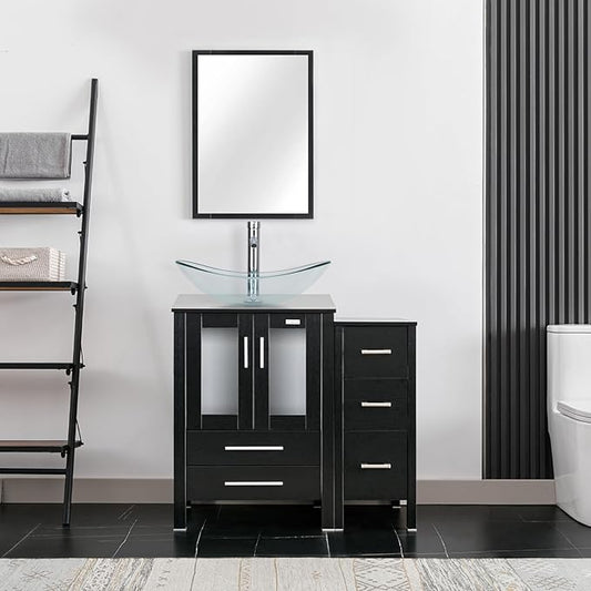 eclife 36" Modern Bathroom Vanity Sink Combo Freestanding Cabinet with Small Side Cabinet, Clear Boat Glass Vessel Sink, Water Save Faucet, Drain (Black+A29TT)