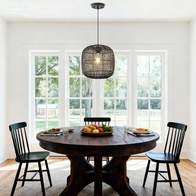 Black Rattan Pendant Light, 11in Rattan Chandelier Hand-Woven Wicker Hanging Lighting Fixtures Boho Pendants Lights for Kitchen Island Dining Room Bedroom Foyer Entrance