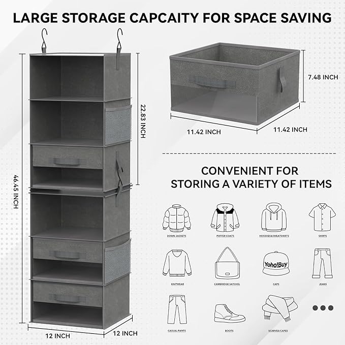 6-Shelf Hanging Closet Organizer with Shelves and Drawers, Modern Style, Hanging Organizer