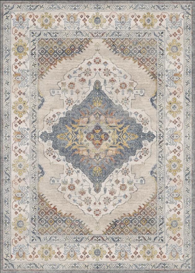 GENIMO 8x10 Area Rugs for Living Room, Machine Washable Non Slip Rugs, Low Pile Lightweight Print Rug for Bedroom, Dining Room, Home Office, Vintage Cream/Blue
