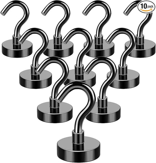 MIKEDE Black Magnetic Hooks, 30Lbs Strong Magnets with Metal Hooks for Refrigerator, Super Cruise Hooks for Hanging, Magnetic Hanger for Cruise Ship, Kitchen, Workplace, Storage - Pack of 10