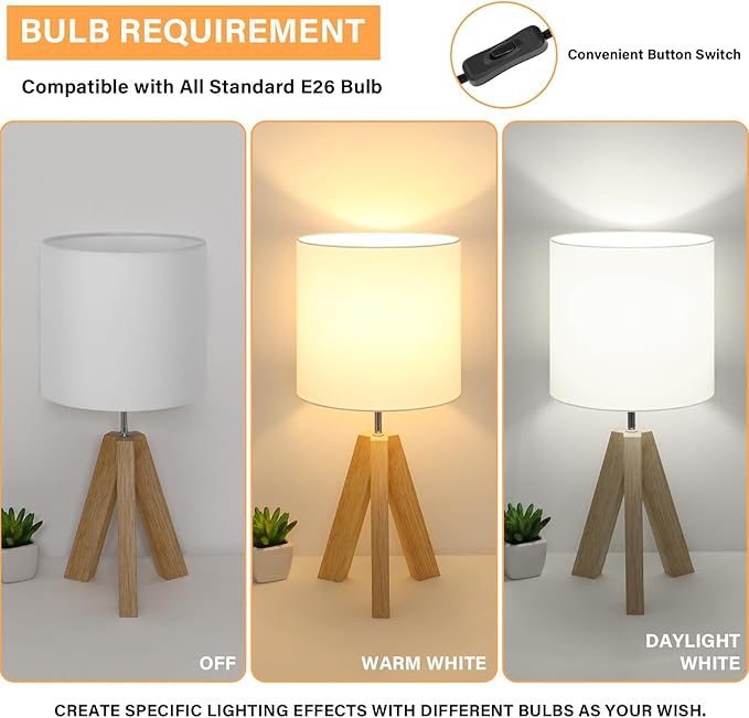 Small Beside Table Lamp, Wood Tripod Table Lamp with White Fabric Shade, Cute Boho Nightstand Minimalist Desk Lamp for Bedroom Living Room Nursery Kids Room Office Dorm, Bulb Not Included