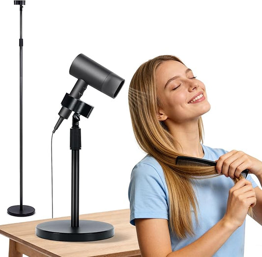 INNOLIFE Hair Drye Stand, Adjustable Height Handsfree Blow Dryer Holder with 180° Rotation, Floor Standing Hairdryer Holder - Black
