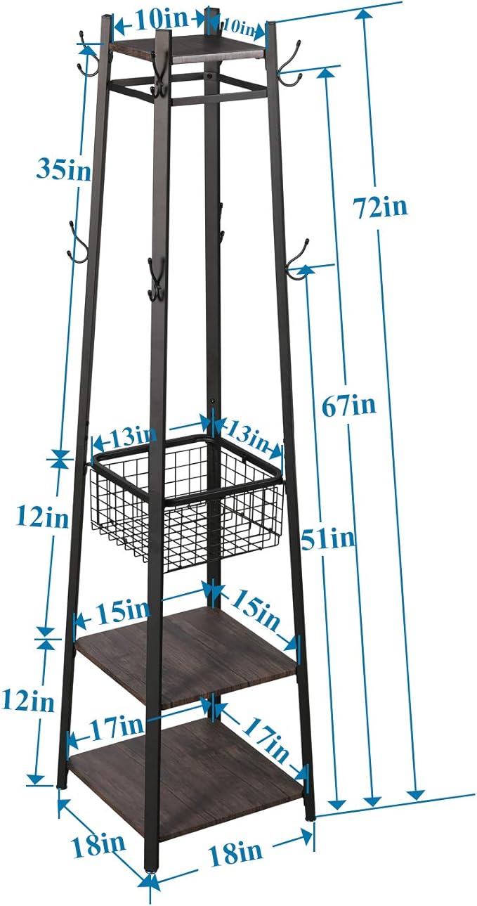 VECELO Coat Rack Freestanding,Hall Tree with Metal Basket and Storage Shelves,Industrial Coat Rack Stand with 8 Hooks for Hanging Coats/Hats/Bags/Umbrellas,18 x 18 x 72 In,Walnut Brown