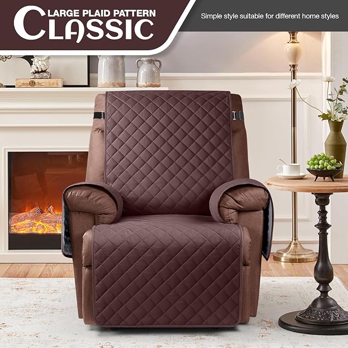 KinCam 100% Waterproof Recliner Chair Cover, Reclining Couch Covers for Pets, Dogs, Recliner Couch Slipcover Furniture Protector with Elastic Straps for Kids(30", Coffee)