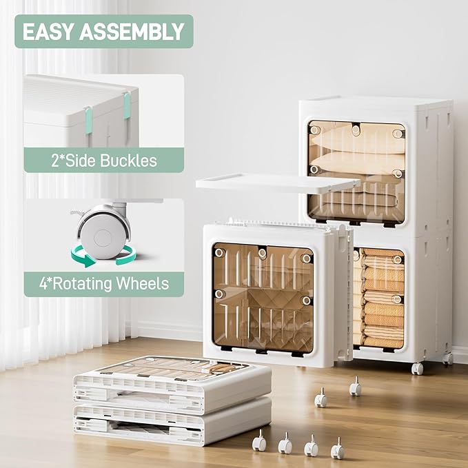 JEKO&JEKO 214 Qt Expanded Bathroom Storage Cabinet, 2-Tier Tall Cabinet Organizer with Wheels, Foldable Plastic Storage Bin for Kitchen, Laundry Room or Home, White