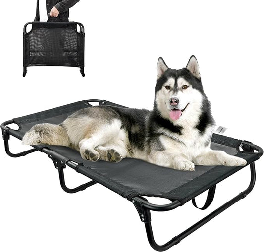 Foldable Elevated Dog Cot, No Assembly Need, Waterproof Folding Raised Dog Bed, Outdoor Dogs Cot Cooling Pet Hammock Bed with Breathable Mesh for Small Medium Size Dogs, Chew-Proof, Black