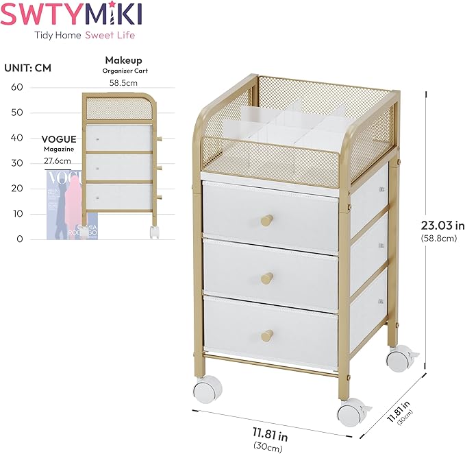 SWTYMIKI Rolling Makeup Organizer Cart - Floor Skincare Make Up Storage with 3 Non-woven Drawers, Vanity Organizer Cosmetic Display Cases Cabinet for Skin Care Perfume Nail Polish Brush Hair Tool