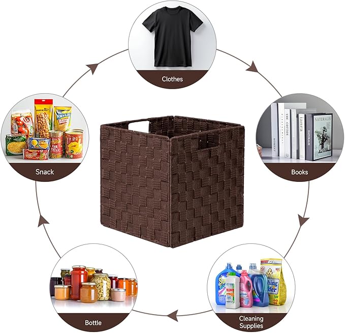 2-Pack Collapsible Ribbon Woven Storage Bins with Metal Structure, Shelf Basket, Pantry Organizer, Home Decorative Utility Cubes (11 x 11 x 11 in, Brown)