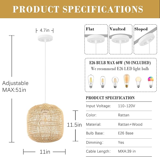 Hand-Woven Rattan Pendant Light, 11in Rattan Chandelier Boho Wicker Hanging Lighting Fixture Coastal Pendant Lights for Kitchen Island Dining Room Bedroom Foyer Entrance