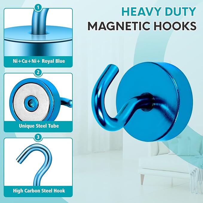Neosmuk Magnetic Hooks, Cruise Ship Essentials, 4lb+ Heavy Duty Magnetic Hooks for Cruise Cabins, Refrigerator, Grill, Hanging, and Travel | Extra Strong Must-Haves Magnet Hook,RoyalBlue, Pack of 4