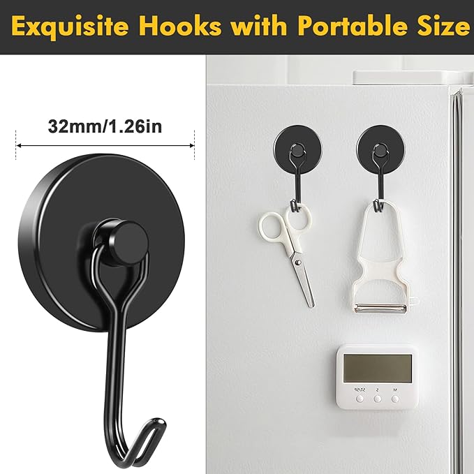 MIKEDE Black Magnetic Hooks Heavy Duty, 120LB Swivel Swing Strong Magnetic Hooks Cruise,Neodymium Hook Magnets for Hanging, Home, Workplace, Metal Door, Office and Garage - Pack of 4