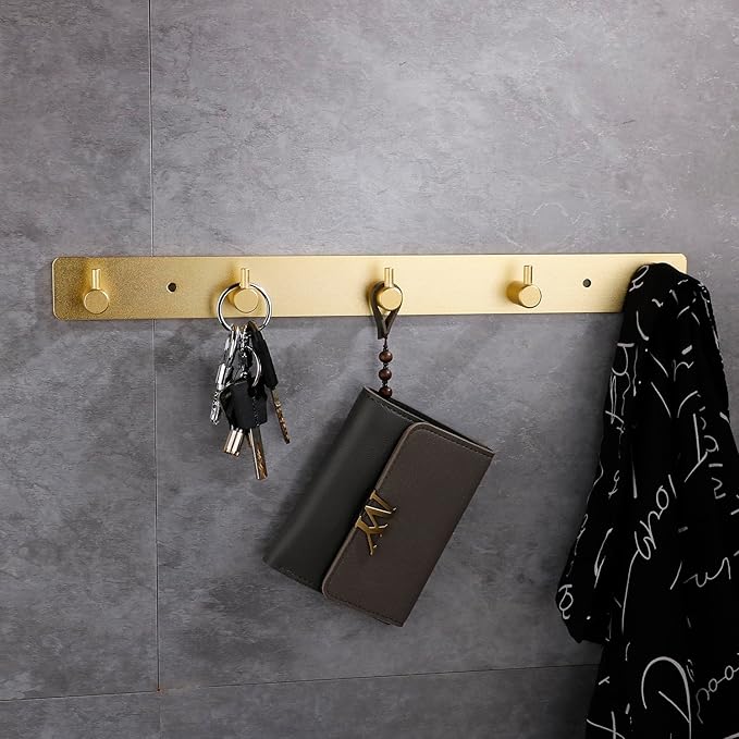Adhesive Bathroom Gold Hook Rail, 5 Brushed Gold Wall Key Hooks Rack Hanger Towel Robe Stick Door Hooks for Bathroom Toilet Entryway Hallway Kitchen Wall Mounted
