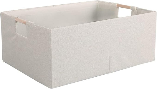 Fabric Storage Bin Box Foldable Cotton Linen Storage Basket with Wooden Handles Rectangular Cube Decorative Home Laundry Organizer Clothes Blanket Container – Beige, Medium