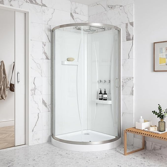 OVE Decors Breeze 38 in. Corner Shower Clear Sliding Door with Walls and Base in Satin Nickel Finish