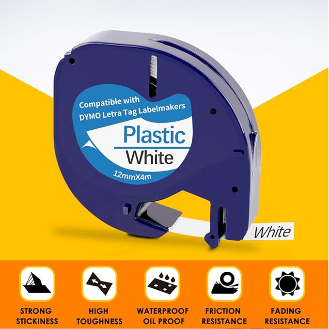 10 Pack Compatible with Dymo Letratag Refills 91201 91331 S0721660 Label Maker Tape White Plastic 12mm x 4m 1/2" x 13', Work with Dymo Letra Tag LT-100H LT-100T Plus 200B QX50 XR XM 2000