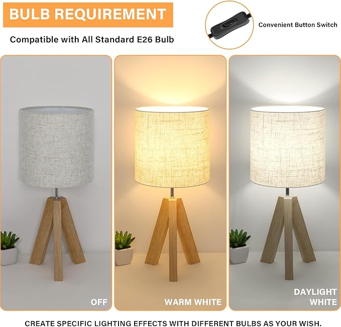 Small Table Lamp, Wooden Tripod Nightstand Lamp with Linen Fabric Shade, Cute Boho Modern Bedside Nightstand Lamp for Bedroom, Living Room, Nursery, Kids Room, Office, Dorm, Bulb Not Included