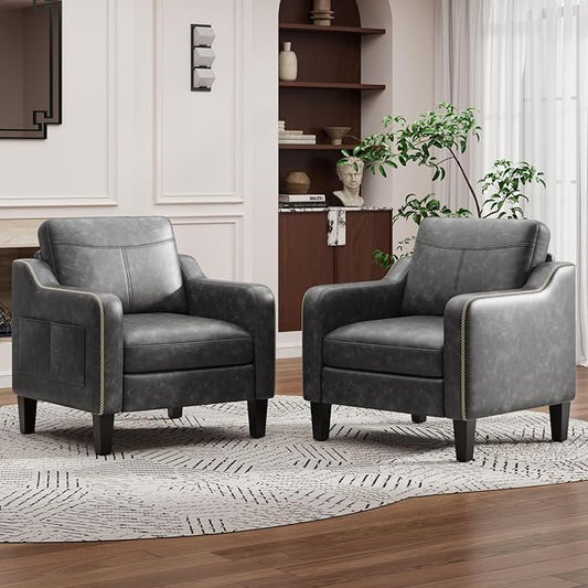 PU Leather Accent Chair Set of 2, Mid-Century Modern Living Room Armchair Sofa with Removable Cushions, Solid Wood Frame & Stitched Armrest Design, Bedroom Chair with Plastic Legs, Black
