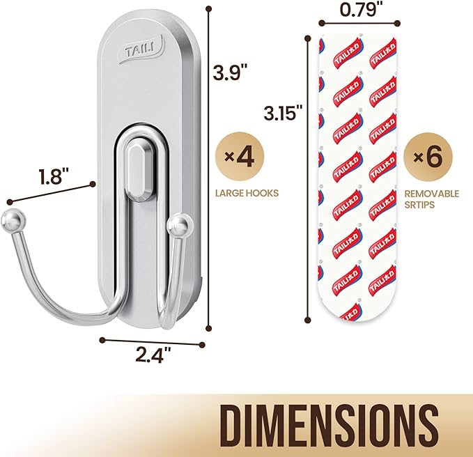 TAILI Adhesive Hooks for Hanging, 4 Coat Hooks & 6 Strips, Heavy Duty No-Drill Removable Large Wall Hanger for Towel, Backpack, Hat, Door,Kitchen Home Decor, Decorative Key Holder - Silver