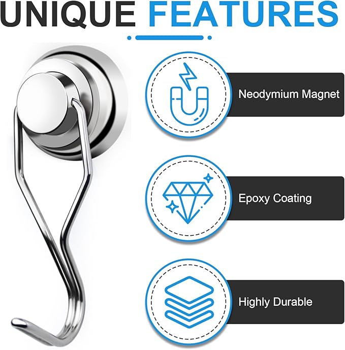 E BAVITE Swivel Swing Magnetic Hooks, 80lbs Heavy Duty Neodymium Magnet Hook with Epoxy Coating for Refrigerator, Cruise, BBQ Grill Tools etc, 2.66in in Length, Pack of 8