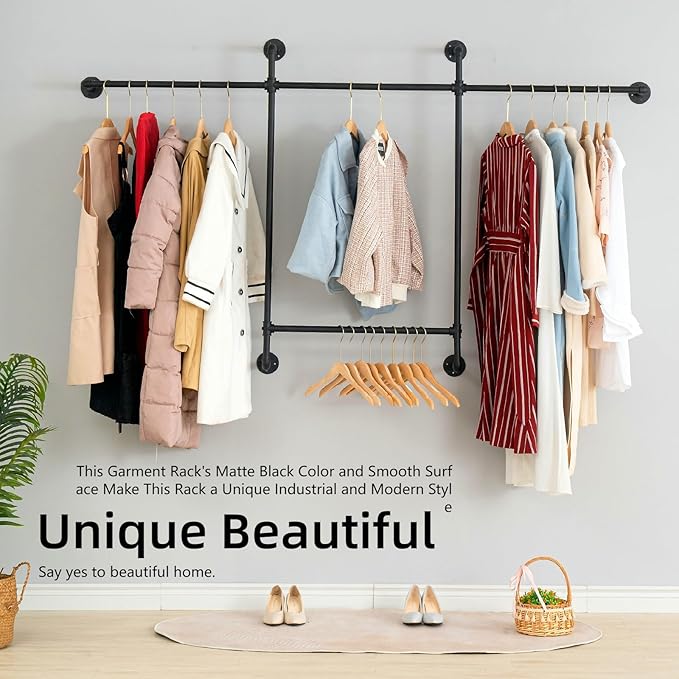 Industrial Pipe Clothing Rack, Hanging Garment Rack, Wall Mounted Pipe Clothes Rack with Four Hanging Rods, Heavy Duty Garment Rack, Industrial Steampunk Closet Organizer Hall Tree (Metal Pipes-Black)