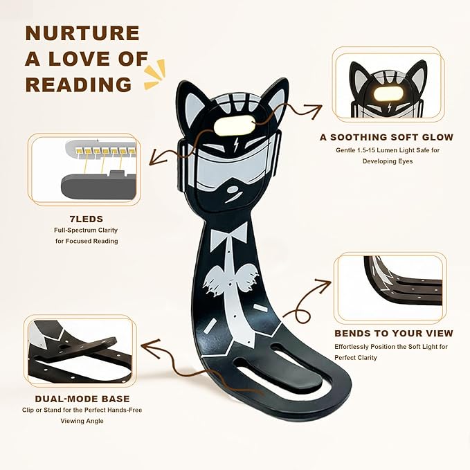 Rechargeable Kids Book Light, Cute Bookmark Reading Light for Kids, Dimmable Portable LED Book Light for Reading in Bed, Eye-Caring Bedtime Reading Lamp for Children & Travel, Black&Grey