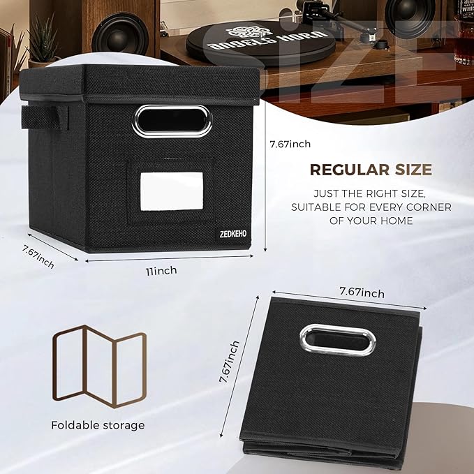7-inch Vinyl Record Storage Box Set of 2 - Album Storage Holds 120+ Single Records, Decorative LP Storage Organizer Crate with Lid, Sturdy Moving Boxes for Vinyl, Easy to Carry and Organize Your Album
