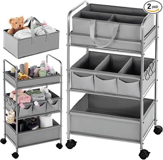 Honeydak 2in1 Baby Diaper Caddy Organizer Cart 3 Tier Large Capacity Metal Utility Bedside Rolling Cart with Divider Newborn Registry Nursery Essential Must Have Crib Bedroom Baby Shower(Gray)