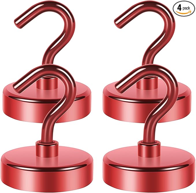 Neosmuk Magnetic Hooks Heavy Duty,Strong Magnet with Hook for Fridge, Super Neodymium Extra Strength Industrial Hooks for Hanging, Magnetic Hanger for Toolbox, Cruise, Grill(Red,4 Pack)