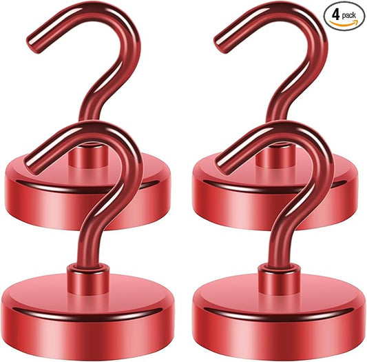Neosmuk Magnetic Hooks Heavy Duty,Strong Magnet with Hook for Fridge, Super Neodymium Extra Strength Industrial Hooks for Hanging, Magnetic Hanger for Toolbox, Cruise, Grill(Red,4 Pack)