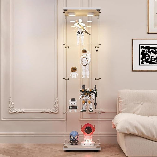 LFT HUIMEI2Y Glass Display Cabinet with LED Lights and Lock, 4-Shelf Curio Cabinets with Door, Tempered Glass Collection Display Showcase for Bedroom, Living Room 65”x 17”x 14.5” White