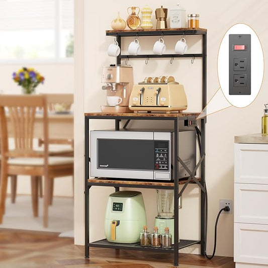 Kitchen Bakers Rack with Power Outlet, Small Coffee Bar Cart 4 Tiers, Microwave Stand Station with 8 S Hooks, Adjustable Shelf, Freestanding Kitchen Appliance Organizer, Rustic Brown