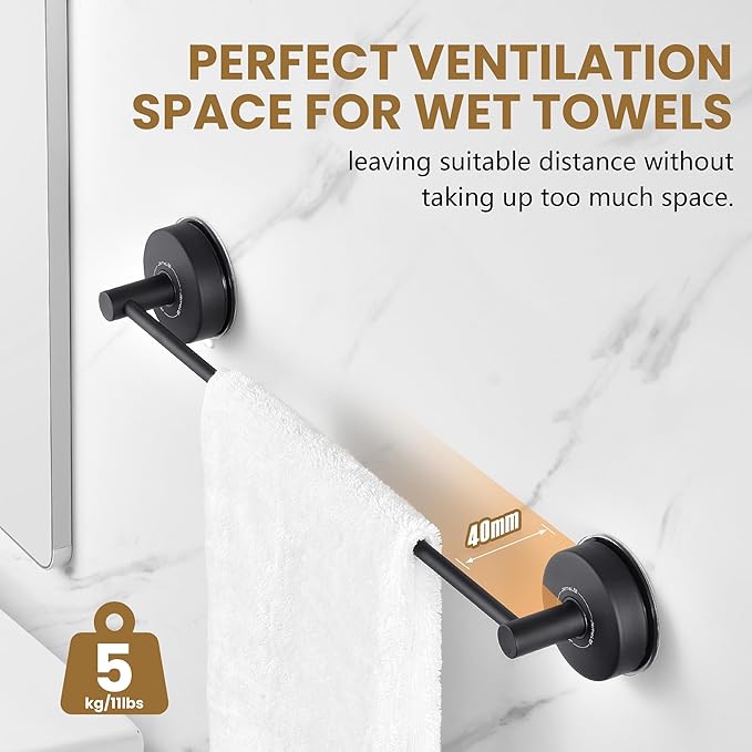 JOMOLA Towel Bar Suction Hand Towel Rack for Bathroom Stainless Steel Kitchen Towel Rail Holder Storage Hanger No Drilling Towel Bar Matte Black,22 inches