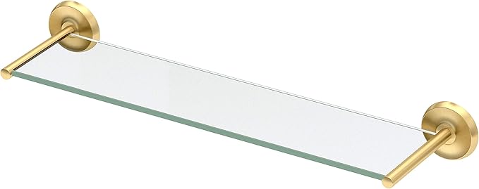 Gatco 5057 Designer II Glass Shelf, Brushed Brass/Wall Mounted 22.50" x 5.85" Tempered Glass/Floating Rectangle Glass Shelf for Bathroom