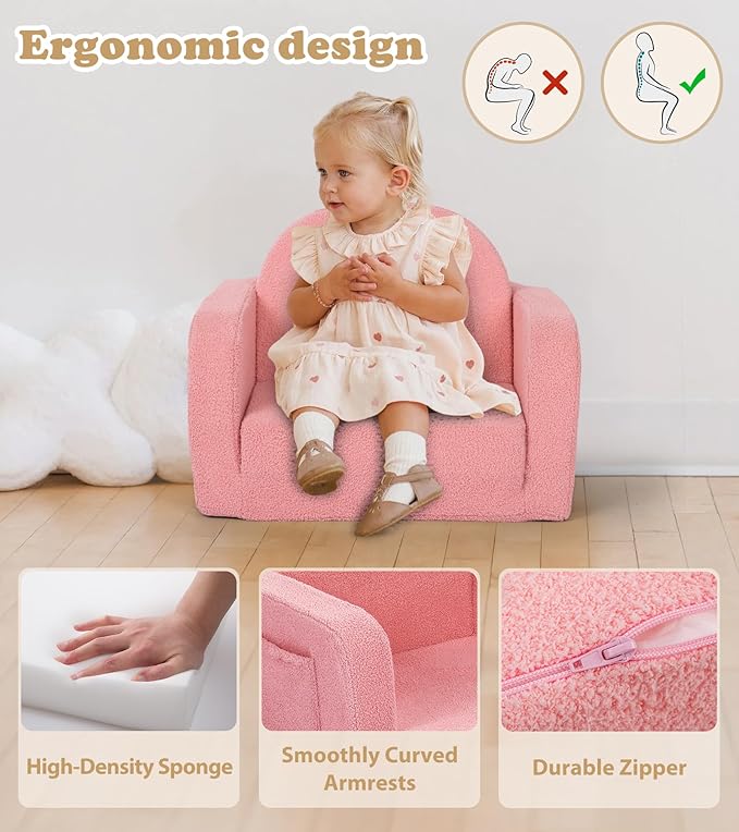 Kids Couch, 2-in-1 Soft Toddler Couch Fold Out with Blanket, Comfy Toddler Chair, Convertible Sofa, Gifts for Kids Girl Boys, Medium Pink Rainbow